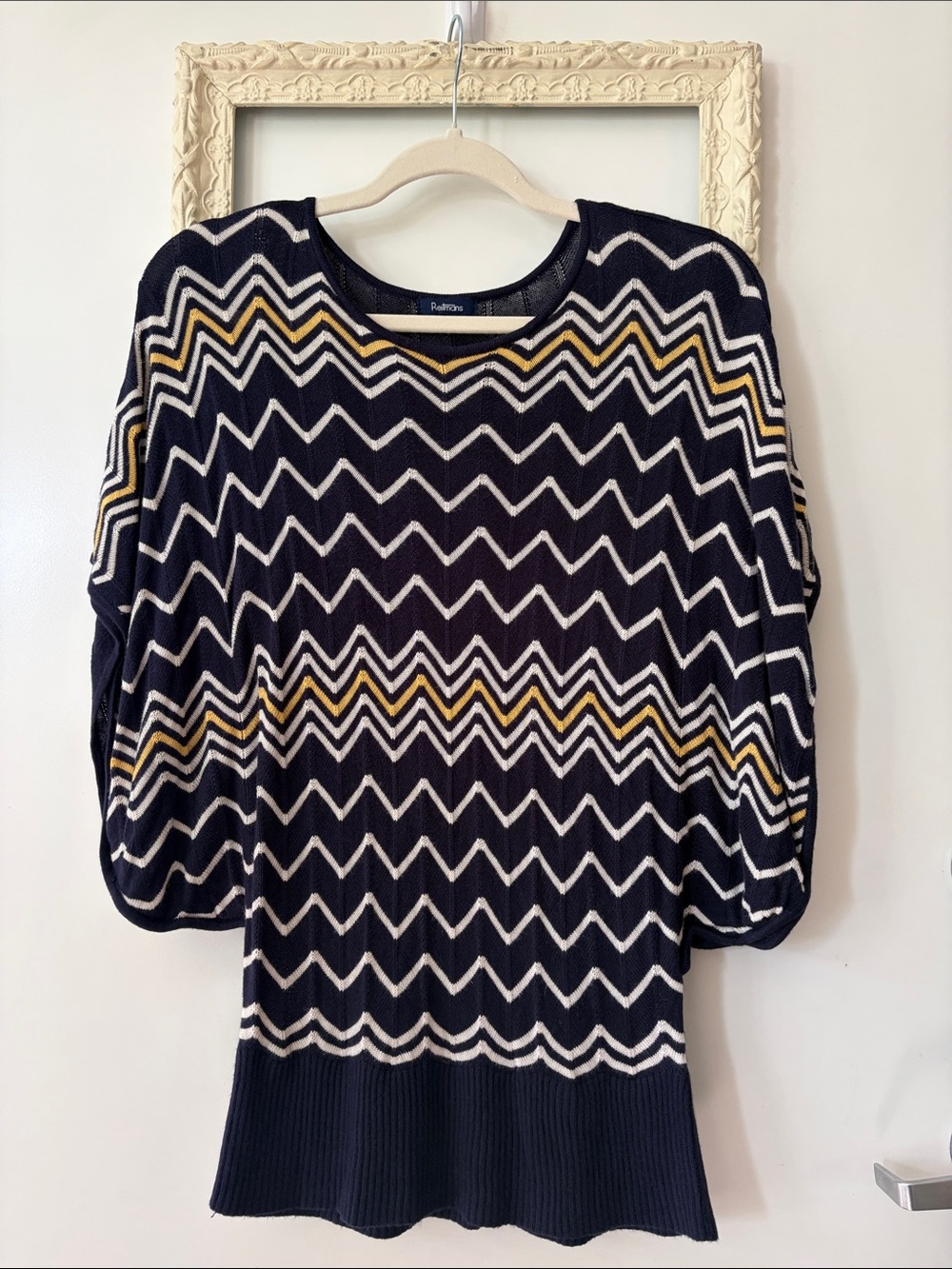 REITMANS | Navy Chevron Sweater with Cream & Gold Trim